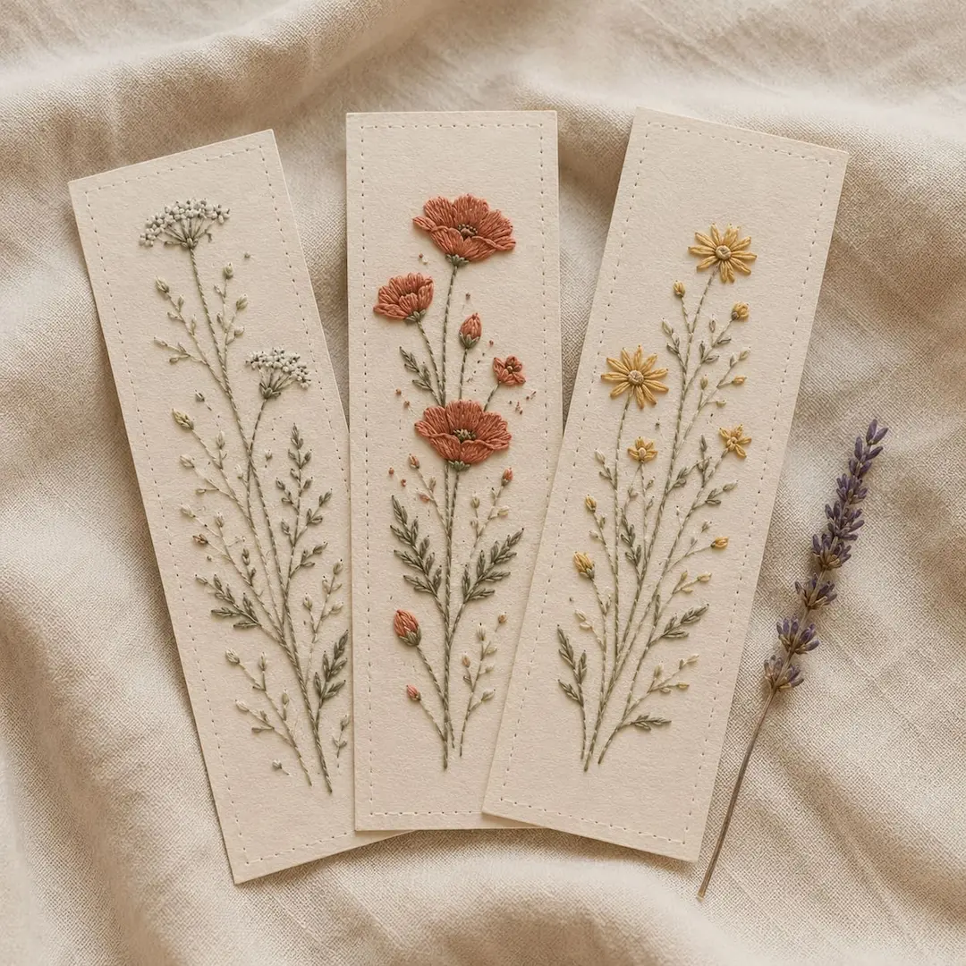 Cartões e marcadores de livros com bordados florais